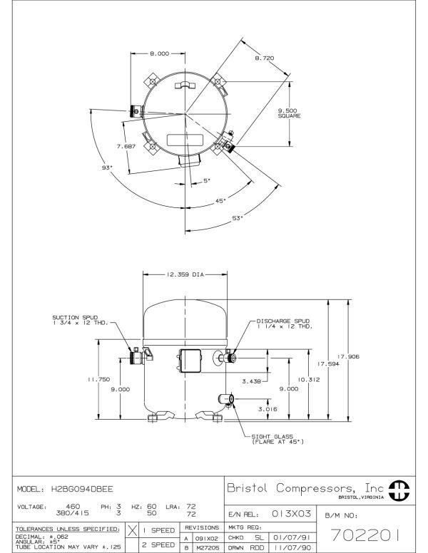 Компрессор Bristol H2BG094DBEE для эффективного охлаждения.