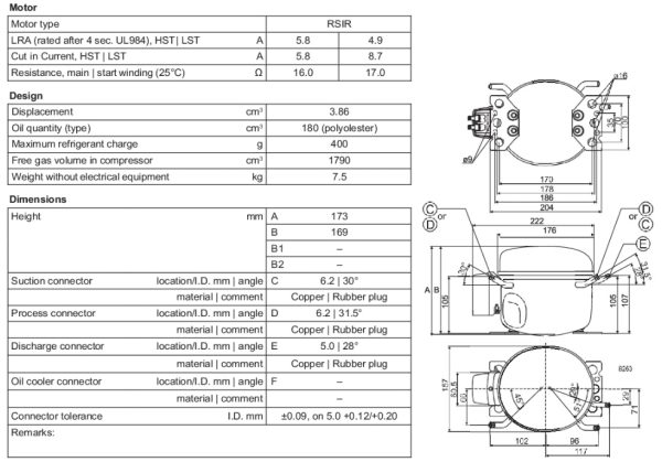 Компрессор GVM38AT (R134a) для холодильных систем.